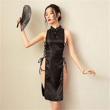 Dāmas Sexy Cheongsam Ķīniešu Stila Kleita Tradicionālo Veļas Melnās Cji Pao Pārsējs Sadalīt Chongsam Sievietēm Qipao Clubwear