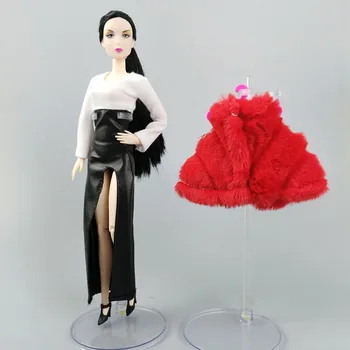 Dāmu Apģērbu Komplekts Barbie Lelle Apģērbs Ziemas Kostīms Ziedu Slim Kleita Kažokādas Mētelis Par 1/6 Leļļu Aksesuāri, Rotaļlietas Bērniem