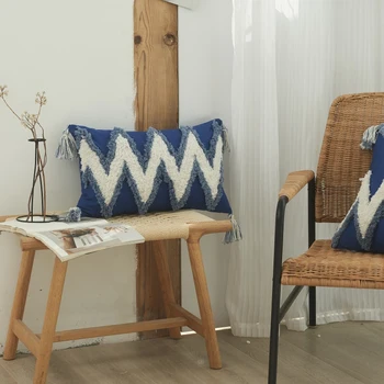 Dīvāna Spilvens Jostas Spilvena Segums Mūsdienu Mājas Dekoru Minimālisma Spilvena Ar Šūtām Plūksnām Pušķis Maroka Zilā Sēdekļa Spilvens, Spilvendrāna