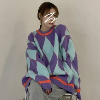 Džemperi, Sievietēm, Argyle Apšūta Trikotāžas O-veida kakla Vintage Džemperi Zaudēt Slinks korejiešu Stilā, Streetwear Gadījuma Modes Salds Rudens
