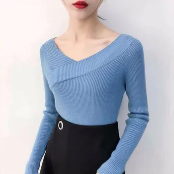 Džemperi Sievietēm Sexy Slash Kakla Trikotāžas Zemāko Krekls Fall Winter Long Piedurknēm Džemperis Džemperis Korejas Drēbes