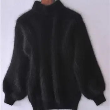 Džemperis Rudens Ziemas Salds Modes Laternu Piedurknēm Gadījuma vienkrāsainu Džemperi vilkt sieviete Baltā Mohēra Sabiezēt augstu uzrullētu apkakli