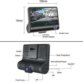 E-ACE 3 Kameras Objektīva Auto Dvr 4.0 Collu Video Ieraksti Dash Cam Auto Registrator Dual Objektīvs Ar Atpakaļskata Kameru DVRS Videokamera