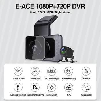 E-ACE Auto DVR, GPS Dashcam 3,0 Collu WiFi Svītru Kameras FHD) 1080P Video Ieraksti Ar Atpakaļskata Kamera Nakts Redzamības Auto Kamera