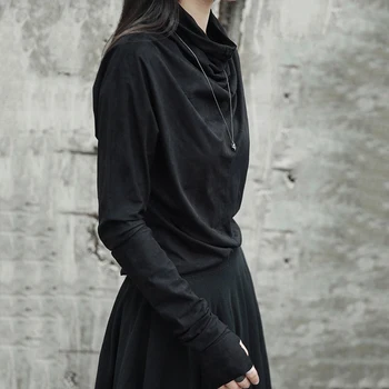 [EAM] 2021New Pavasara Vasaras Black Nelegālo augstu uzrullētu apkakli Ilgi Cimdi Piedurknēm Slim Zemāko Krekls Sieviešu Modes Jūra Savvaļas LA918