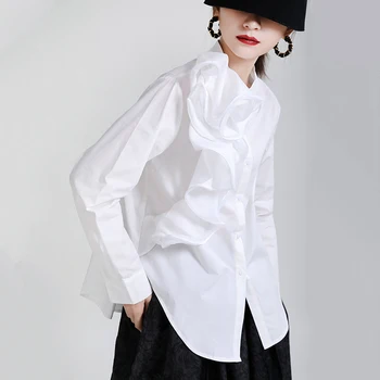 [EAM] Sieviešu trīsdimensiju Ziedu Balta Blūze Jaunās O-veida kakla garām Piedurknēm Loose Fit Krekls Modes Jūra Pavasara Rudens ir 2021. 1DD3889
