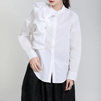 [EAM] Sieviešu trīsdimensiju Ziedu Balta Blūze Jaunās O-veida kakla garām Piedurknēm Loose Fit Krekls Modes Jūra Pavasara Rudens ir 2021. 1DD3889