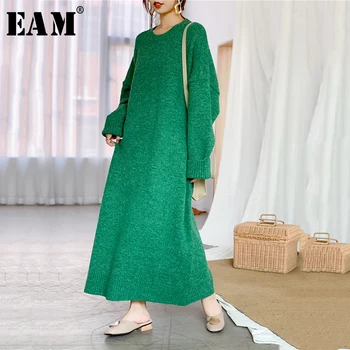[EAM] Zaļā Liela Izmēra Adīšanas Džemperis Loose Fit Apaļu Apkakli, garām Piedurknēm, Sieviešu Džemperi Jauns Modes Vilnis Rudens Ziemas 2021 1Y196