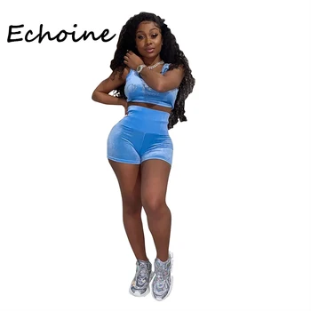Echoine 2 Gabals, kas Sievietēm Tracksuit Dimanta Dekoru Sportwear Kultūraugu Top + Īsās Bikses O-veida kakla Bodycon Vasaras Drēbes Sievietēm