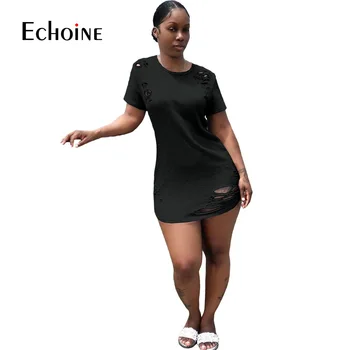 Echoine 2020. gada Vasarā Cieta Sievietes Sexy Caurumu Īsām Piedurknēm O-veida kakla t-veida Mini Kleita Gadījuma Modes Streetwear T-krekls Kleitas Vestidos