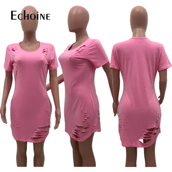 Echoine 2020. gada Vasarā Cieta Sievietes Sexy Caurumu Īsām Piedurknēm O-veida kakla t-veida Mini Kleita Gadījuma Modes Streetwear T-krekls Kleitas Vestidos