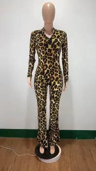 Echoine Leopards drukāt Ilgi Izlīdzināšanu Bikses Jumpsuit Sieviešu Rāvējslēdzēju V-veida kakla Seksīgā Fitnesa Partywear Elegants Kombinezonus Bodycon Playsuit Jaunas
