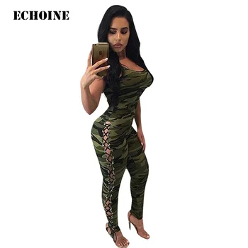 Echoine Maskēties Bez Piedurknēm Bodycon Spageti Siksnas Jumpsuit Sexy Sieviešu Kluba Apģērbs Romper Jumpsuit Kopumā Camo Playsuit
