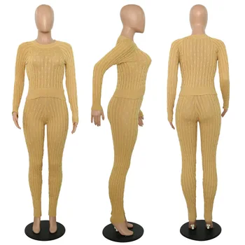 Echoine Ziemas Trikotāžas Džemperis 2 Gabals, kas Kultūraugu Tops un Bikses Sieviešu Sexy atbilstošo kopas Rudens Sieviešu Kostīmi Tērpi Oranža