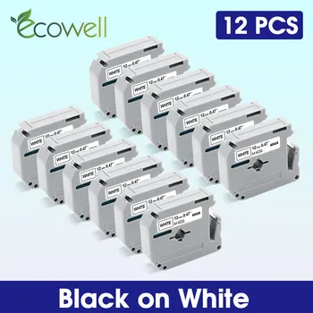 Ecowell 12mm MK231 MK-231 Lentes Brother P-Touch MK 231 M-K231 Marķējuma lentes Melns uz Balta Brother PT-45M PT-65 PT-70 PT-90