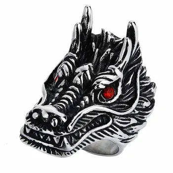 EdgLifU Dragon Ring Nerūsējoša Tērauda Vīriešu Gredzens Black Punk Rock Gredzeni, Galvas Puse Sarkanā Akmens Posmā, Gredzeni, Modes Rotaslietas