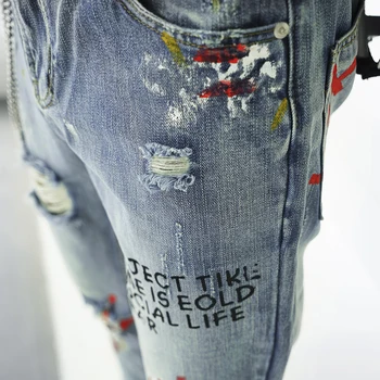 EFUNGAL Vīriešu Džinsi Ripped Caurums Izdilis Bikses Modes Streetwear Vēstuli Smieklīgi Modelis, 3d Druka Slim Hip Hop Denim Blue Jean KS01