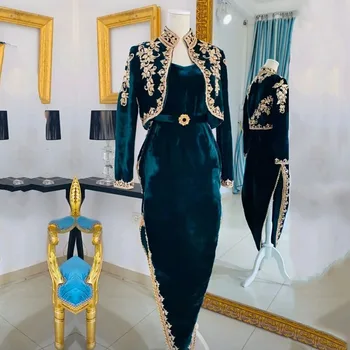 Eightale arābu Alžīrijas karako vakartērpi, Dubaija Samta Caftan 2 Gabali, Zelta Appliques Royal Blue Kaftan Balli Puse Kleita