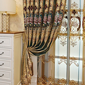 Eiropas luksusa brūna zelta aizkari guļamistaba, dzīvojamā istaba hige-end izšūti milzīgais tilla aizkaru windows