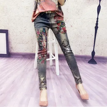 Elastīgi džinsi ar 3D ziedu raksts, krāsas zīmuli, bikses sieviešu elegants stils džinsi, bikses, sieviešu džinsi Jaunā 