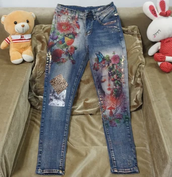Elastīgi džinsi ar 3D ziedu raksts, krāsas zīmuli, bikses sieviešu elegants stils džinsi, bikses, sieviešu džinsi Jaunā 