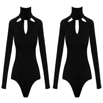 Elegants Augstu Uzrullētu Apkakli Trikotāžas Bodysuit Sievietēm, Melns Ar Garām Piedurknēm Kombinezonus Sievietēm Vienu Gabalu Bodysuits Sieviešu Rudens Ikdienas Apģērbu