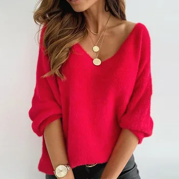 Elegants Ikdienas Tīrtoņa Krāsu Garām Piedurknēm Džemperis 2021. Gada Pavasara Rudens V-Veida Kakla Džemperi, Topi Dāmas Sievietēm Jaunā Modes Mīksti Džemperi