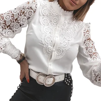 Elegants Mežģīņu Mežģīnes Līmēšana Baltās Blūzes 2021. Gada Pavasara Sievietes Sexy Dobi No Garām Piedurknēm Biroja Topi Korejas Krekls Blusas Mujer