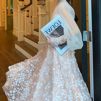 Elegants Rozā Sequined Acs Izšuvumi Kroku Ilgi Puse Kleita 2019. Gada Pavasara Sievietes Laternu Piedurknēm Maxi Kleita vestidos