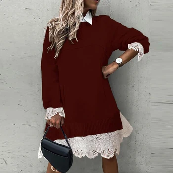 Elegants Savukārt Apkakle Raibs Kleitas, Sieviešu Vintage Savirmot Long Sleeve Mini Kleita Rudens Gadījuma Pogu Zaudēt Kleitu Vestidos