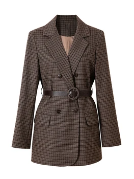 Elegants sieviešu tvīda žakete 2020 rudens ziemas vintage pleds pārbaudīt brūns uzvalks, žakete, biroja dāmas jaka sieviešu mētelis