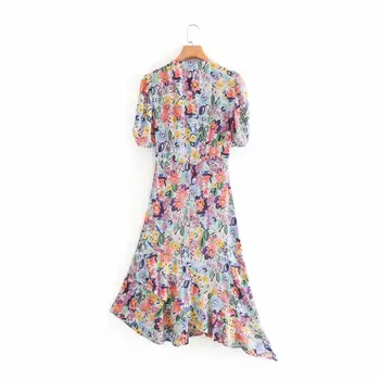 Elegants sieviešu v kakla ziedu drukāt elastīgs līnijas kleita dāmas prairie šiks puff piedurknēm neregulāru apakšmalu gadījuma midi Kleitas DS4109