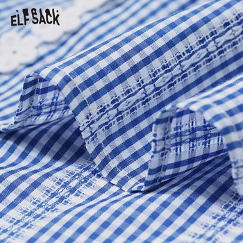 ELFSACK Vintage Blue Pleds Kokvilnas Sieviešu Krekls Sexy Pie Pleca Siksna, Sieviešu Krekli 2019 Vasaras Loku Mežģīnes Raibs Sieviete Topi