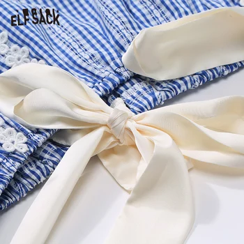 ELFSACK Vintage Blue Pleds Kokvilnas Sieviešu Krekls Sexy Pie Pleca Siksna, Sieviešu Krekli 2019 Vasaras Loku Mežģīnes Raibs Sieviete Topi