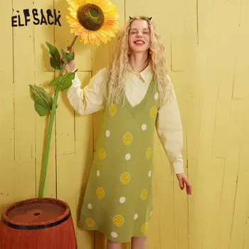 ELFSACK Zaļā Polka Dot Adīt Vintage Ikdienas Kleita Sievietēm 2020. Gadam Pavasara Red Smaida Piedurknēm korejiešu Stilā Girly Ikdienas Kleitas