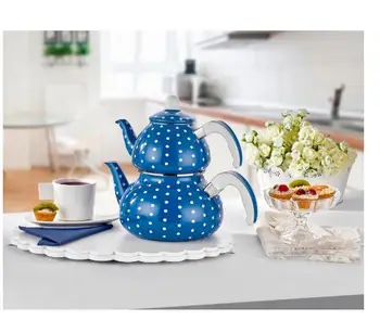 Emaljas luksusa tējkannas komplekts-zils balts punkts | turku tēja | ŪDENS SILDĪTĀJS | tējkannas | karstā tēja | zāļu tējas