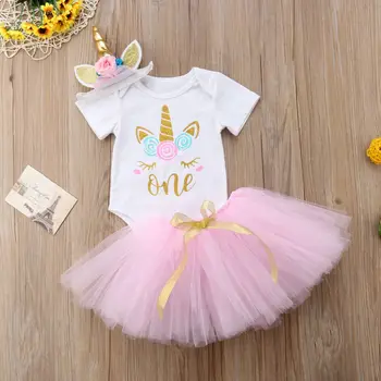 Emmababy Jaundzimušais Meitene Drēbes Dzimšanas dienā, Drukāt Īsām Piedurknēm Romper Topi Tutu Tilla Svārki Galvu 3Pcs Tērpiem Princess Komplekts