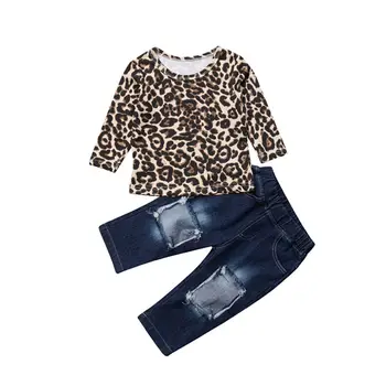 Emmababy Karstā Pārdošanas Baby Toddler Meiteņu Drēbes Bērniem, Uzstādīt Modes Leopard Krekli+Caurums Bikses Tērpiem Jauki Bērni Komplekts