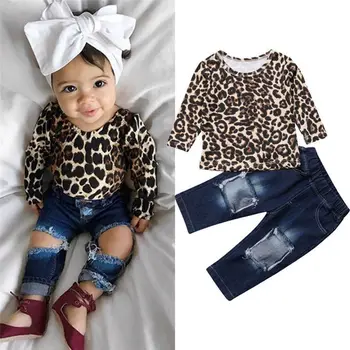 Emmababy Karstā Pārdošanas Baby Toddler Meiteņu Drēbes Bērniem, Uzstādīt Modes Leopard Krekli+Caurums Bikses Tērpiem Jauki Bērni Komplekts