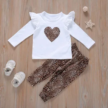 Emmababy Toddler Baby Girl Apģērbu Leopards Drukāt Persiku Sirds Lidot Piedurknēm T-Krekls Topi, Bikses 2gab Tērpiem Kokvilnas Apģērbs