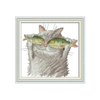 Es Mīlu Zivis Cross-Stitch-Komplekti 14CT 11CT Cat Modelis Skaits Drukātās Gleznas Izšūšanas Komplekts Rokdarbi Komplekts Roku darbs Mājās Rotājumi