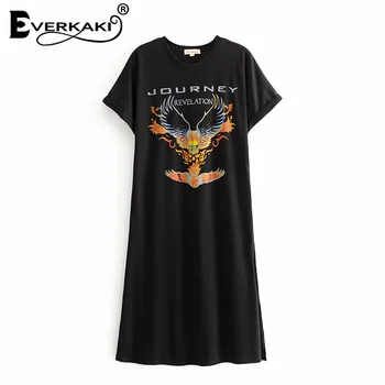 Everkaki Boho Retro Drukas Kleita T-krekls, Kleita Vasaras Vestidos Dāmas Garu šķēlumu Kleitas Zaudēt Sieviešu 2021. Gada Pavasarī Jaunās Modes