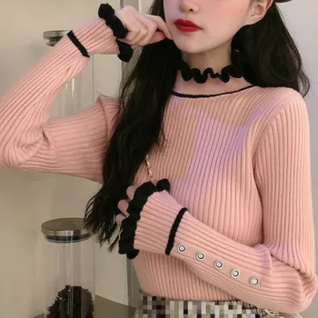 Ezgaga Pamata Džemperis Džemperis Sievietes, Ziemas 2020 Korejas Augstu Uzrullētu Apkakli Vintage Raibs Ruffles Pogu Salds Bāzes Adīt Topi Modes