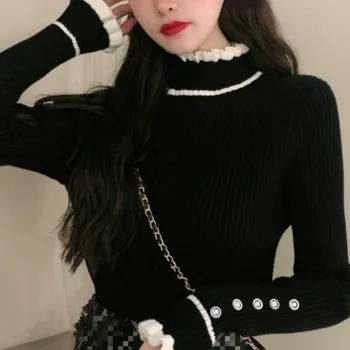 Ezgaga Pamata Džemperis Džemperis Sievietes, Ziemas 2020 Korejas Augstu Uzrullētu Apkakli Vintage Raibs Ruffles Pogu Salds Bāzes Adīt Topi Modes
