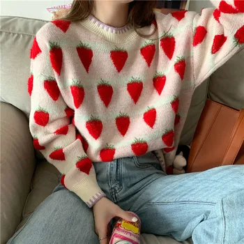 Ezgaga Zemeņu Džemperis Sievietēm 2020 Rudens Modes O-Veida Kakla Garām Piedurknēm Zaudēt Salds Korejas Stila Dāmas Pulovers Outwear Gadījuma