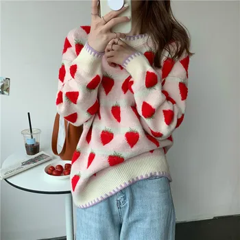 Ezgaga Zemeņu Džemperis Sievietēm 2020 Rudens Modes O-Veida Kakla Garām Piedurknēm Zaudēt Salds Korejas Stila Dāmas Pulovers Outwear Gadījuma