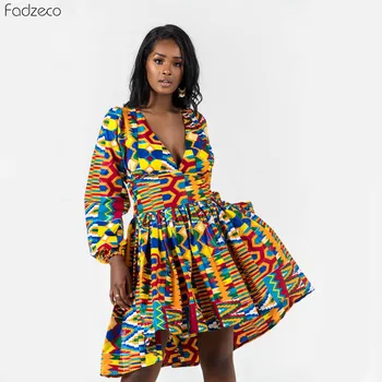 Fadzeco Elegants Āfrikas Kleitas Dashiki Drukāt Laternu piedurknēm Sexy V Kakla Zip Mini Augsts Viduklis Kleitas Puse Vestidos Bazin Riche