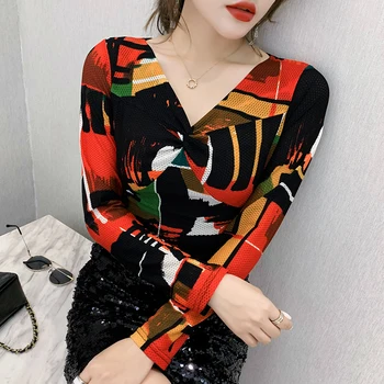 Fall Winter korejiešu Stilā, T-kreklu Modes Sexy V-Neck Drukāt Sieviešu Topi Ropa Mujer Slaids Viduklis Zemāko Krekls, t-veida 