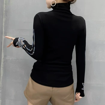 Fall Winter korejiešu Stilā, T-kreklu Sexy Šiks Raibs Pārskatāmu Lapu Dimonds Sieviešu Topi Ar Vilnas Kokvilnas Slim Tees T0N604A