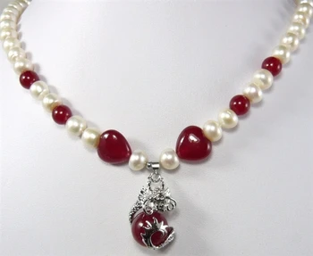 Fancy dizains Skaista balta pērle sarkana jade & fancy kulons, Kaklarota, labs